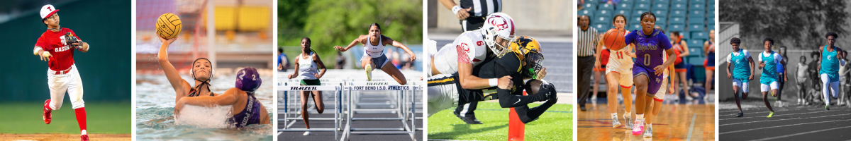 Photo collage representing baseball, water polo, track, football, basketball, and cross country